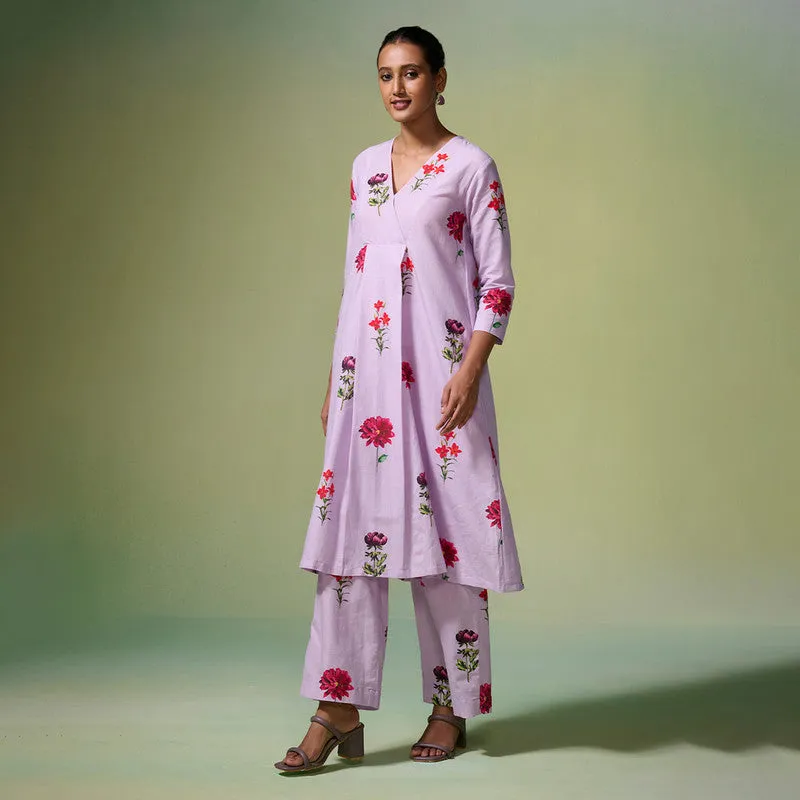 Linen Kurta Set For Women | Lilac Floral Printed | Dark Purple