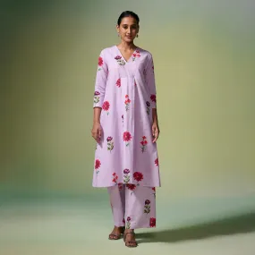 Linen Kurta Set For Women | Lilac Floral Printed | Dark Purple