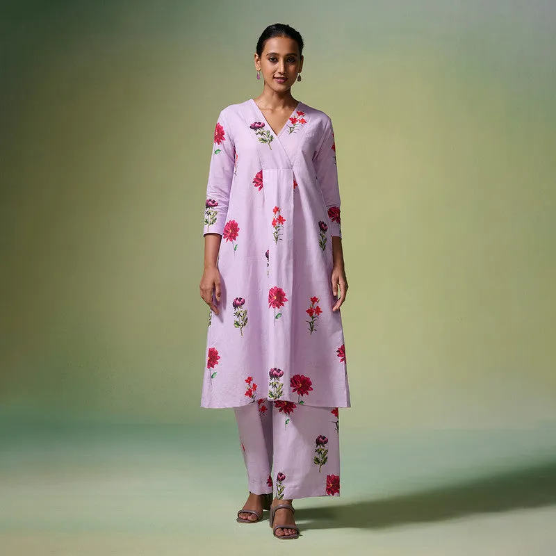 Linen Kurta Set For Women | Lilac Floral Printed | Dark Purple