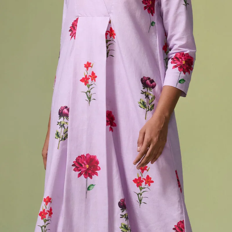 Linen Kurta Set For Women | Lilac Floral Printed | Dark Purple