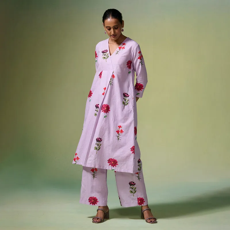 Linen Kurta Set For Women | Lilac Floral Printed | Dark Purple