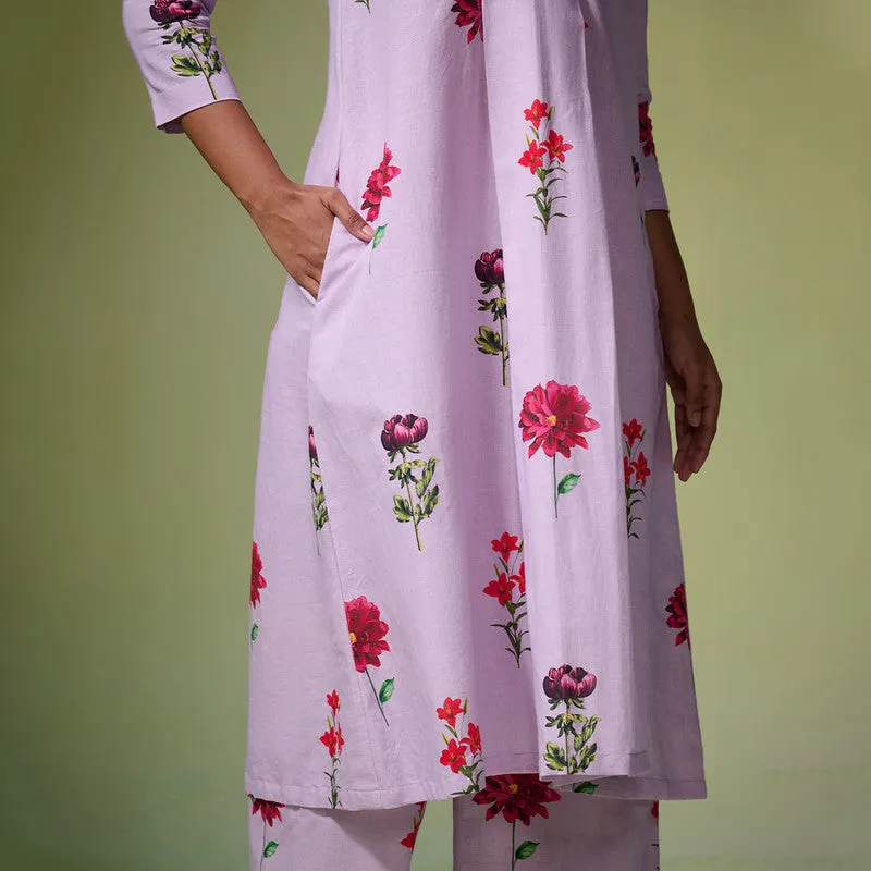 Linen Kurta Set For Women | Lilac Floral Printed | Dark Purple