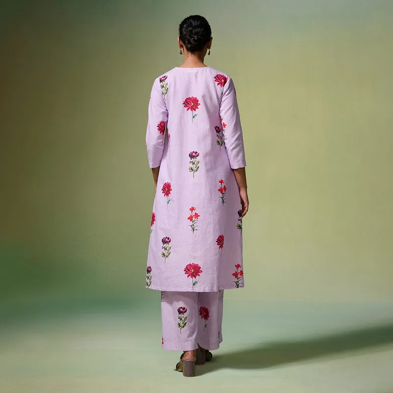 Linen Kurta Set For Women | Lilac Floral Printed | Dark Purple