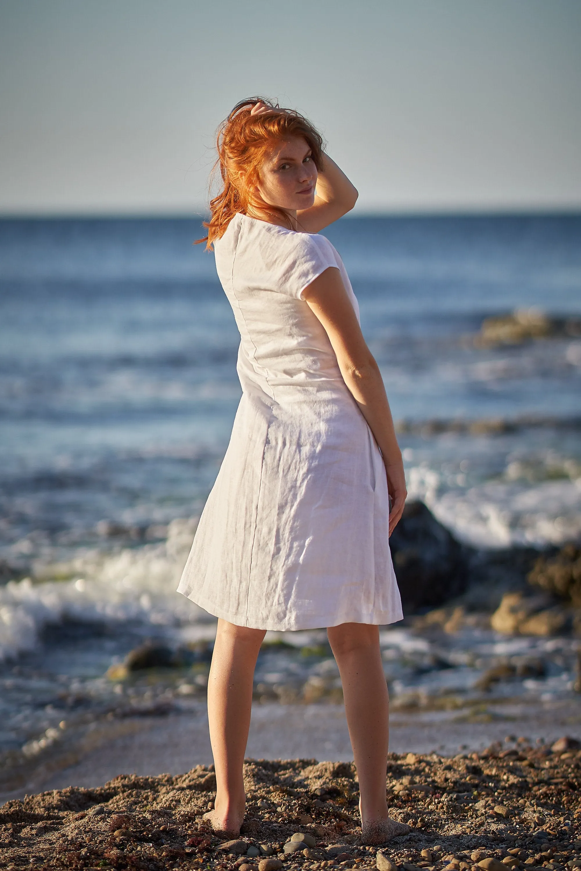 Linen Midi Dress with Ruched Waist