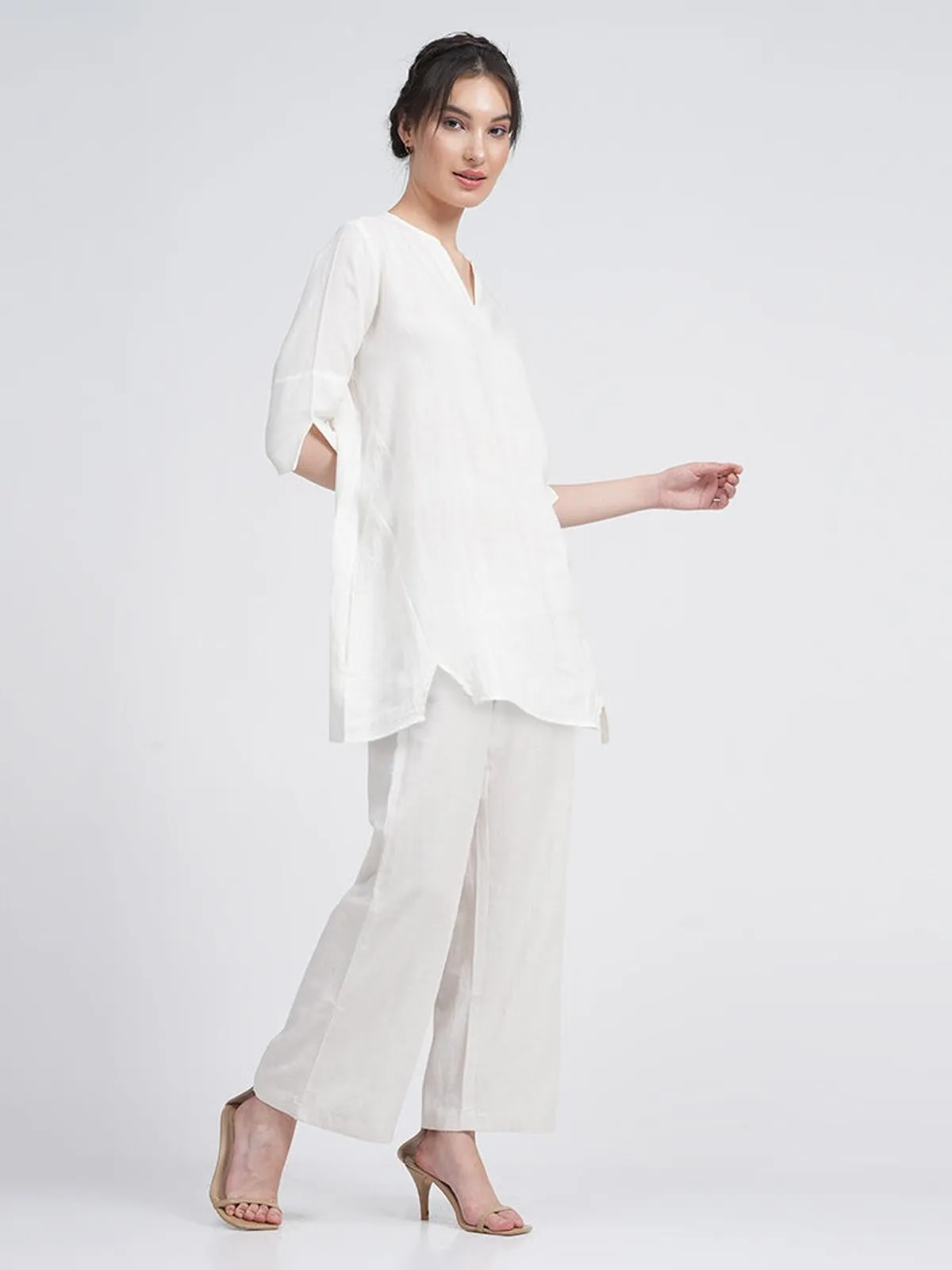 Linen Solid V-Neck Top with Trousers Co-ords Set