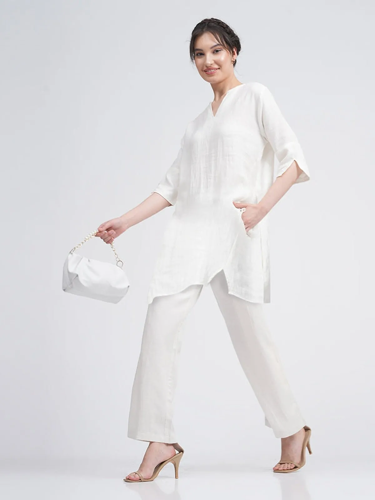 Linen Solid V-Neck Top with Trousers Co-ords Set