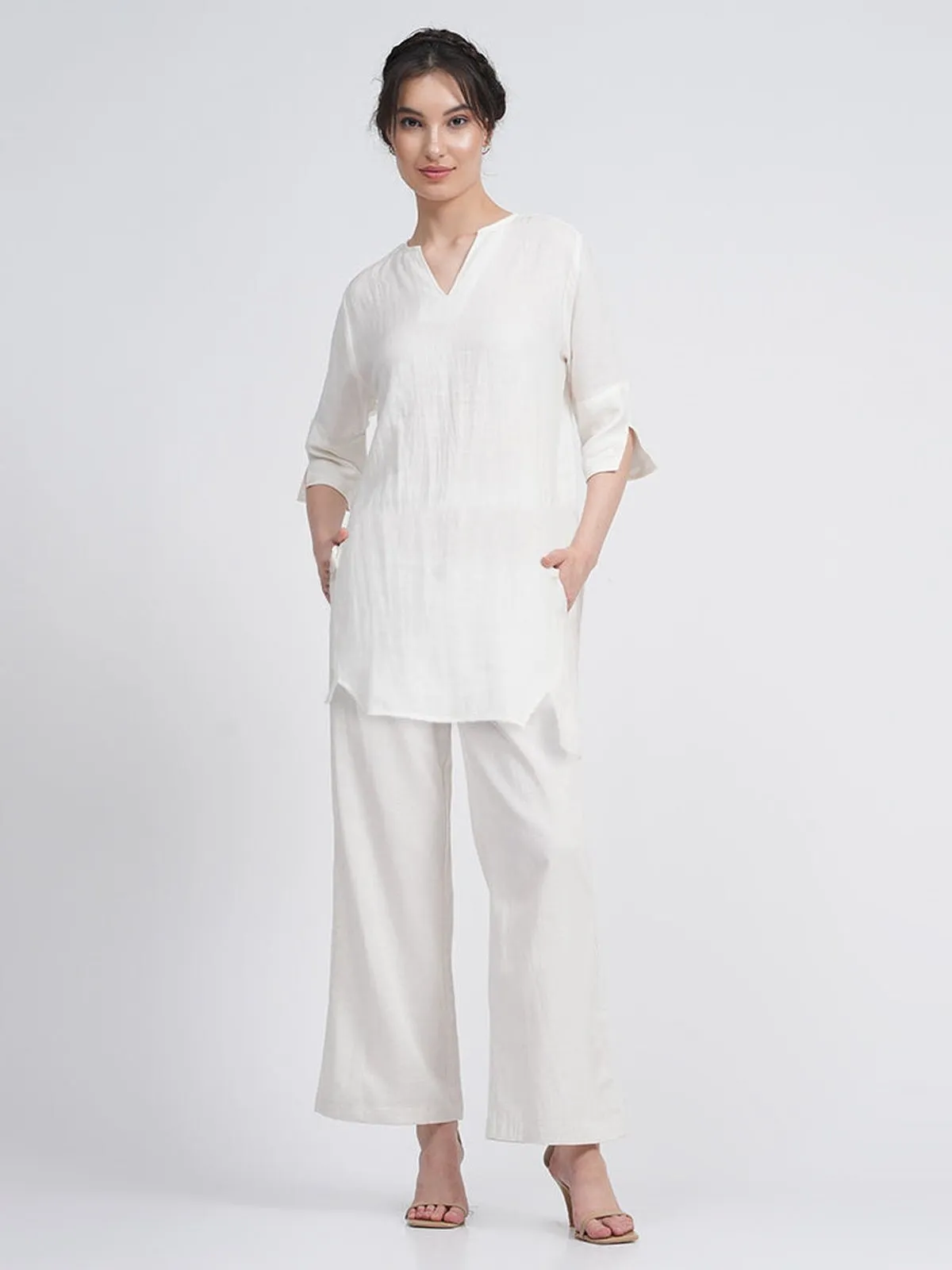 Linen Solid V-Neck Top with Trousers Co-ords Set