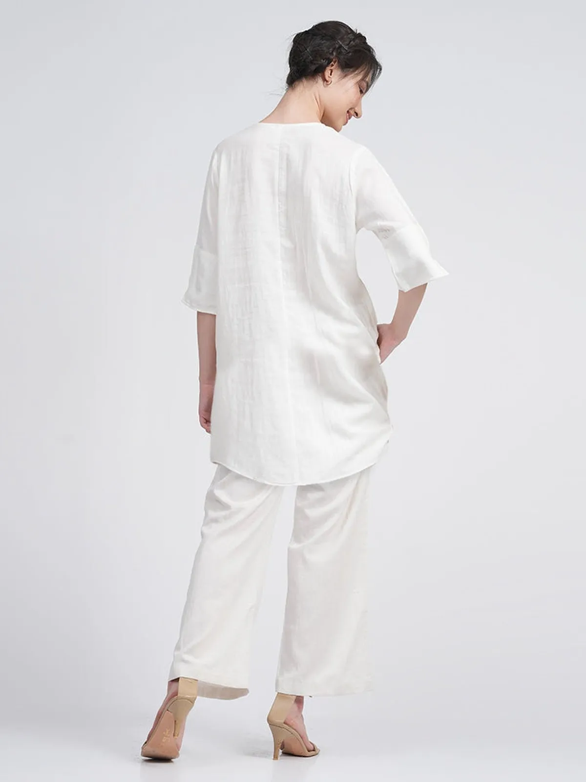 Linen Solid V-Neck Top with Trousers Co-ords Set