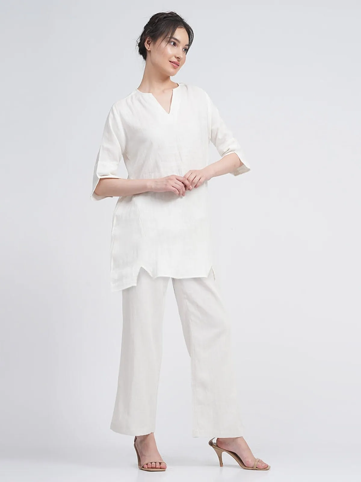 Linen Solid V-Neck Top with Trousers Co-ords Set