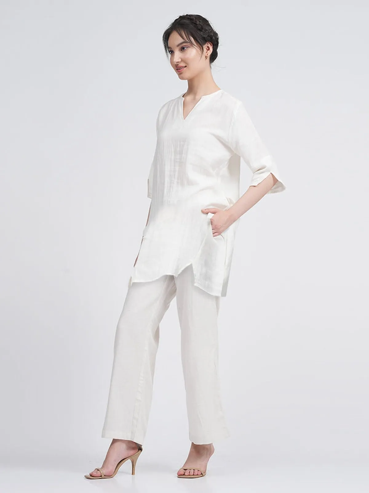 Linen Solid V-Neck Top with Trousers Co-ords Set