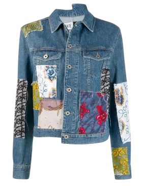 LOEWE Women's Blue Paula's Ibiza Cropped Patchwork Printed Voile and Denim Jacket