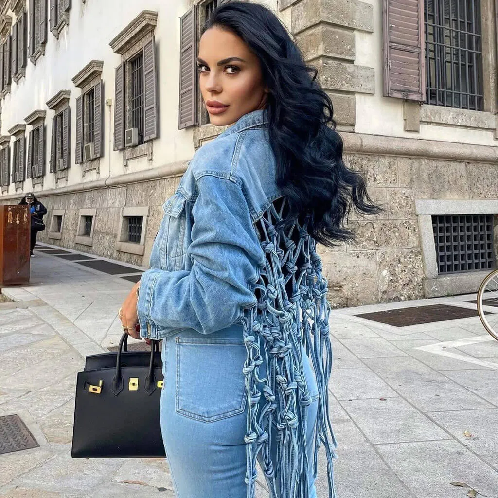 Long Sleeve Fringe Back Single Breasted Crop Denim Jacket - Blue