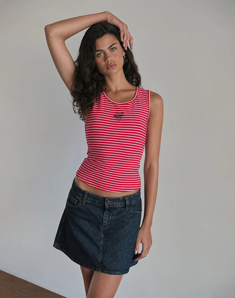 Lorica Tank Top in Red and White Stripe with Strawberry Emb