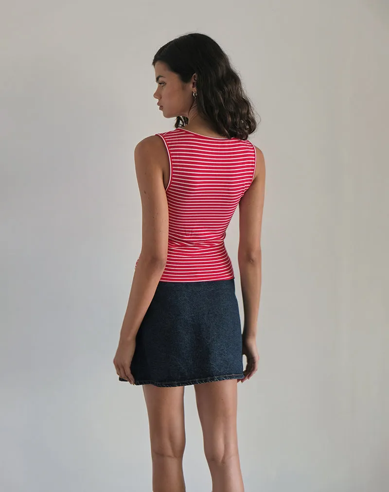 Lorica Tank Top in Red and White Stripe with Strawberry Emb