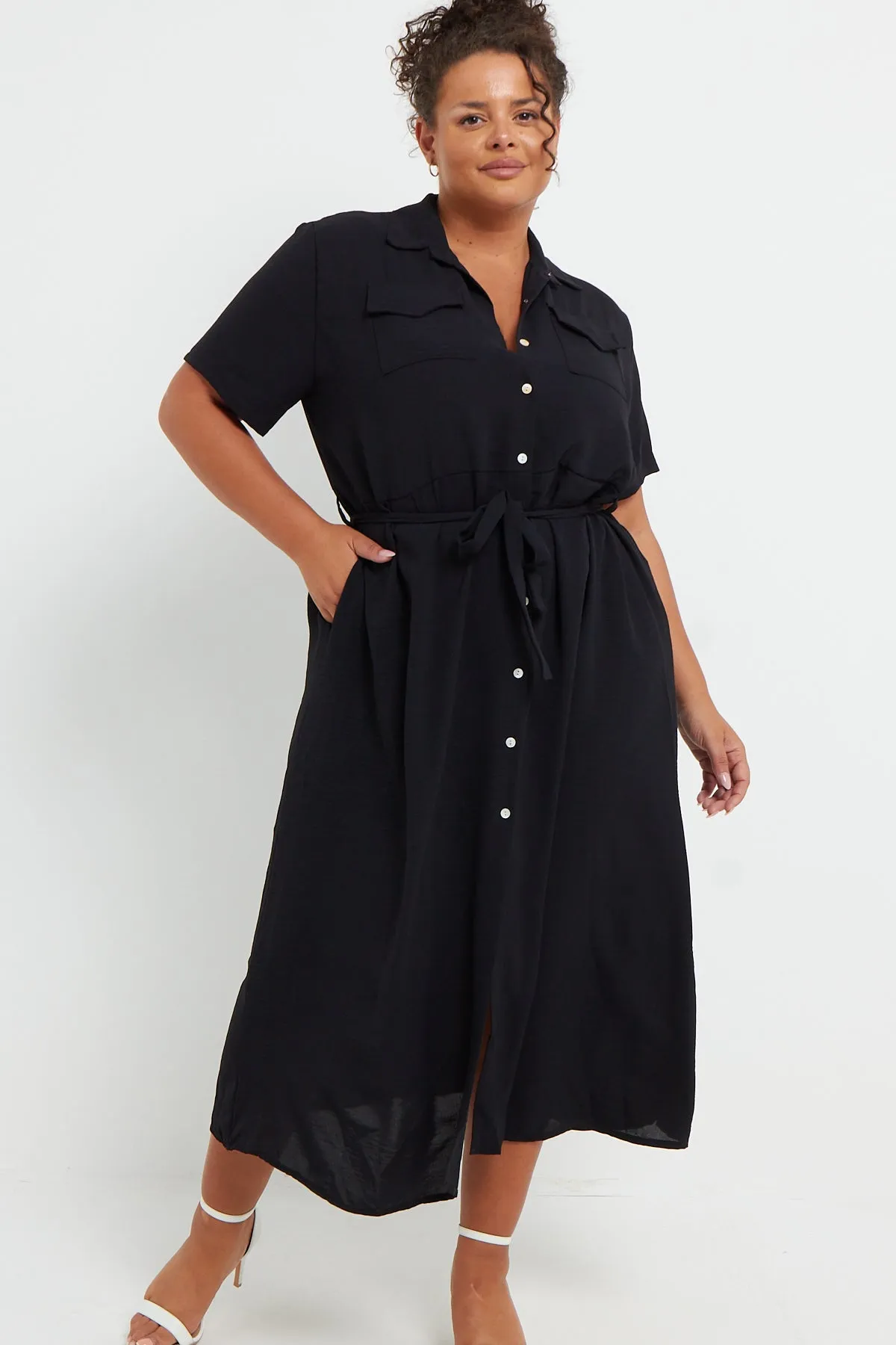 Luca PLUS SIZE Black Button Through Tie Waist Shirt Midi Dress With Pockets