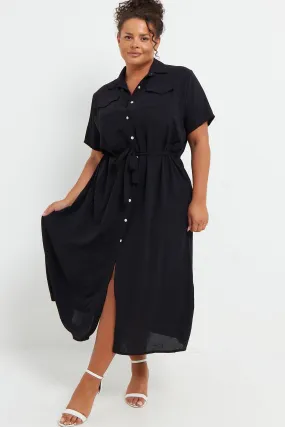 Luca PLUS SIZE Black Button Through Tie Waist Shirt Midi Dress With Pockets