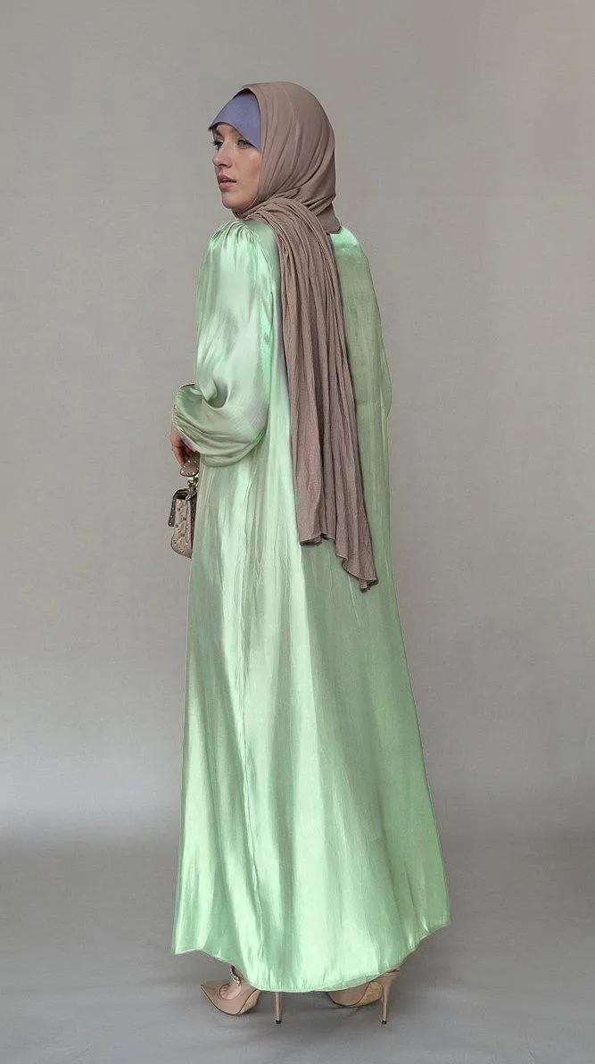 Lusindi organza like faux pearl abaya with slip dress and detachable belt ramadan eid set in light green