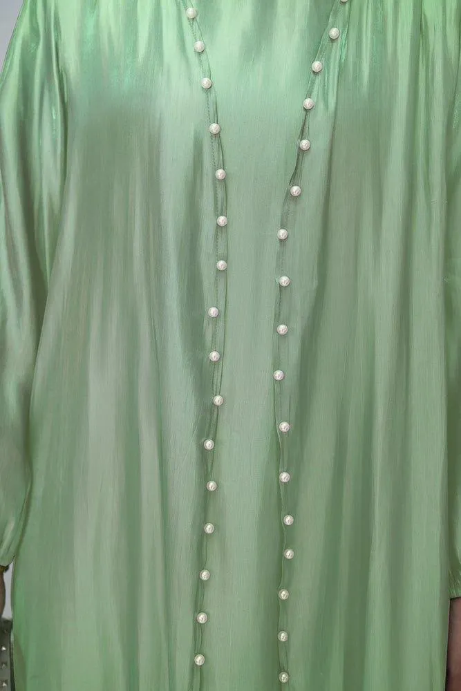 Lusindi organza like faux pearl abaya with slip dress and detachable belt ramadan eid set in light green