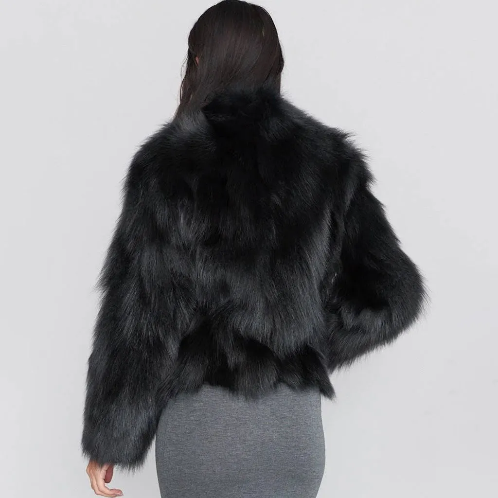 Luxury Dark Gray Long Sleeve Side Pocket Cropped Plush Fur Coat