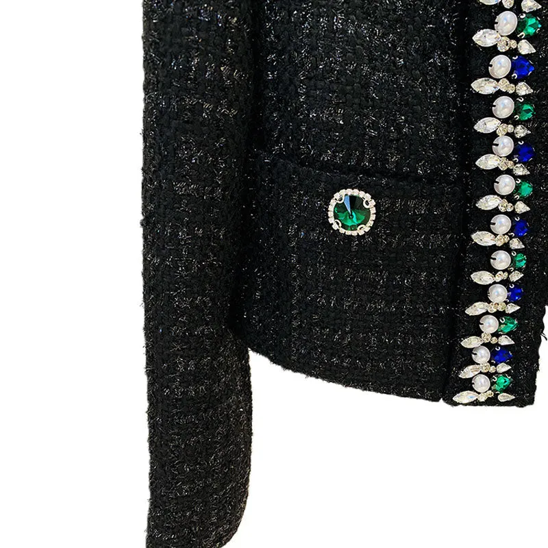 Luxury Jewelled Shoulder Pad Long Sleeve Shawl Collar Cropped Tweed Blazer