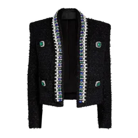 Luxury Jewelled Shoulder Pad Long Sleeve Shawl Collar Cropped Tweed Blazer