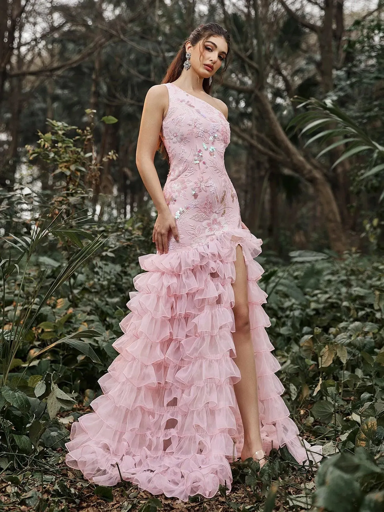 Luxury One Shoulder Tulle Mermaid Hem Floral Sequin Prom Dress