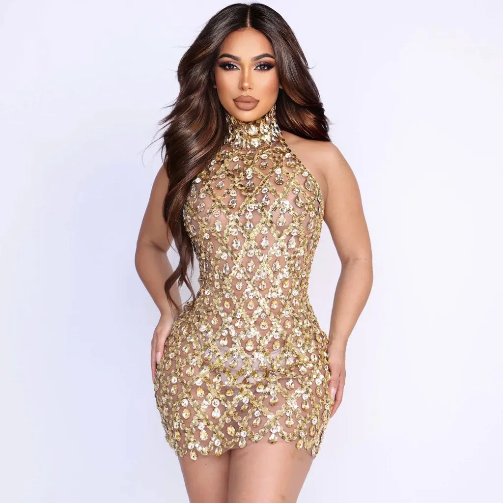 Luxury Sequin and Gemstone Embellished High Neck Sleeveless Mesh Mini Party Dress