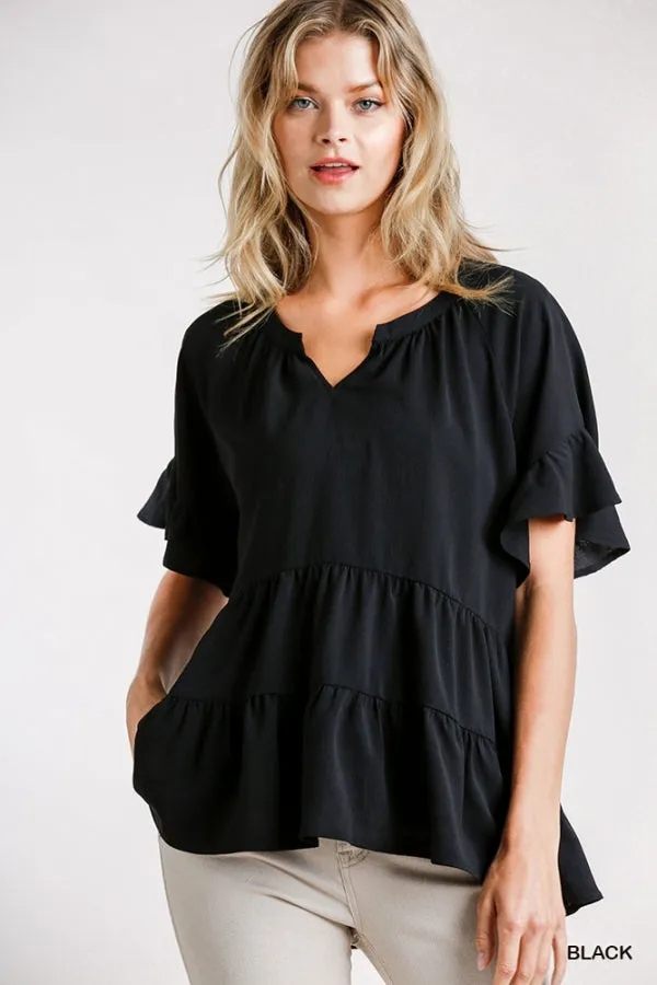 Mandarin Tiered Ruffle Top, Black