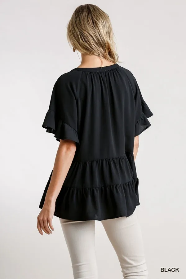 Mandarin Tiered Ruffle Top, Black