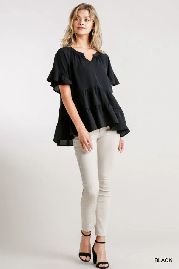 Mandarin Tiered Ruffle Top, Black