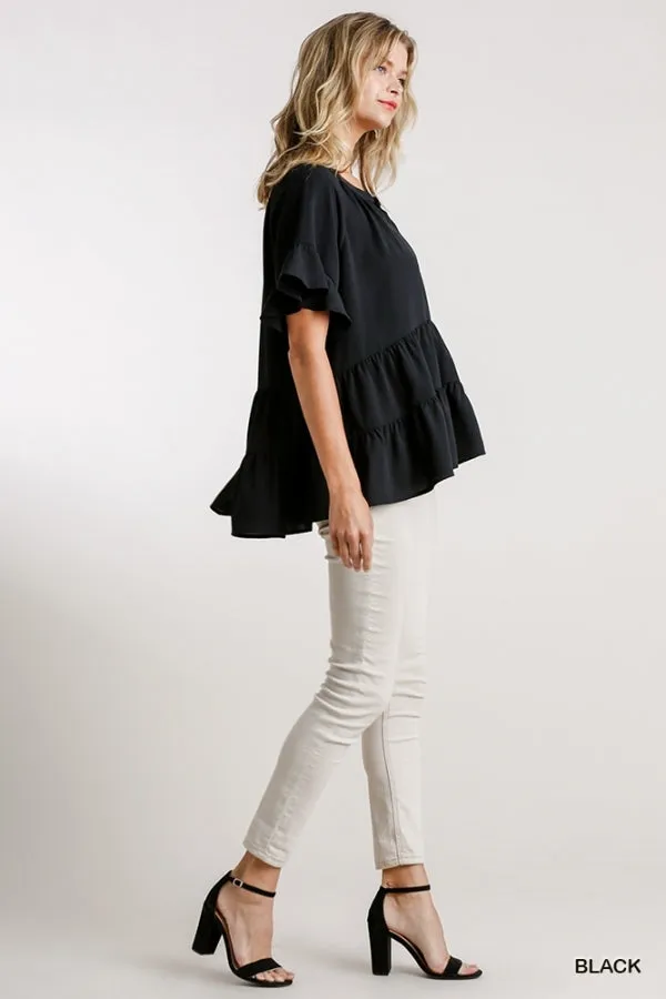 Mandarin Tiered Ruffle Top, Black