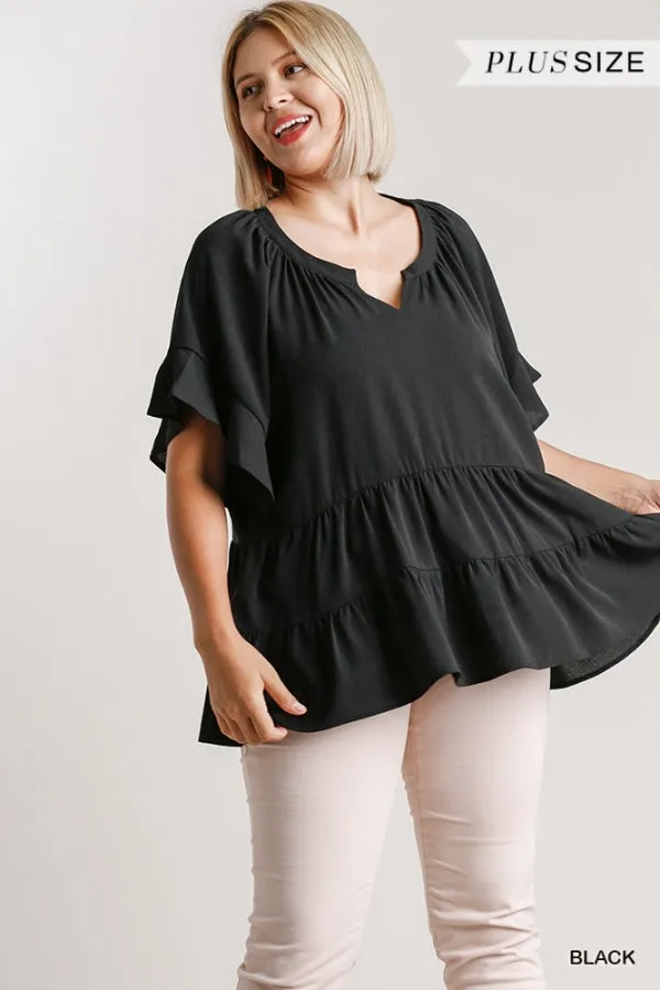 Mandarin Tiered Ruffle Top, Black