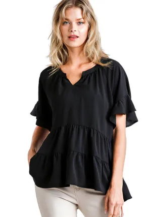 Mandarin Tiered Ruffle Top, Black