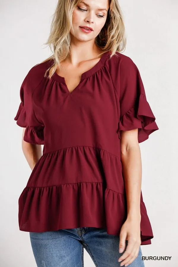 Mandarin Tiered Ruffle Top, Burgundy