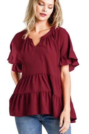 Mandarin Tiered Ruffle Top, Burgundy