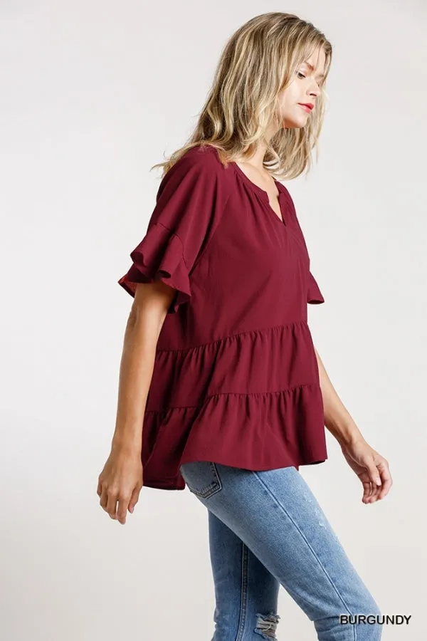 Mandarin Tiered Ruffle Top, Burgundy