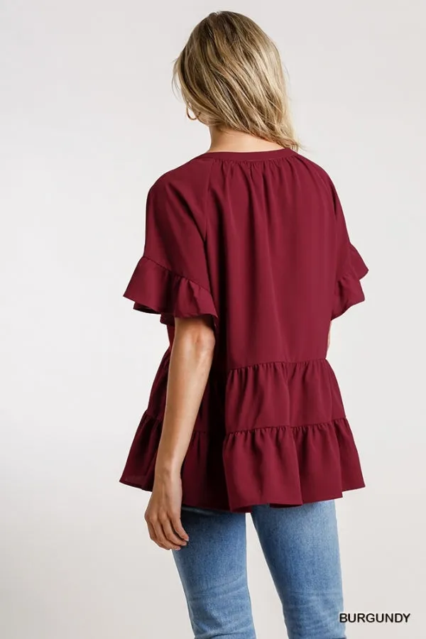 Mandarin Tiered Ruffle Top, Burgundy