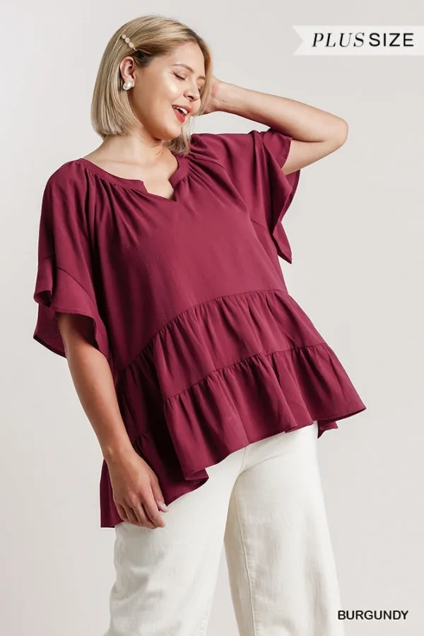 Mandarin Tiered Ruffle Top, Burgundy