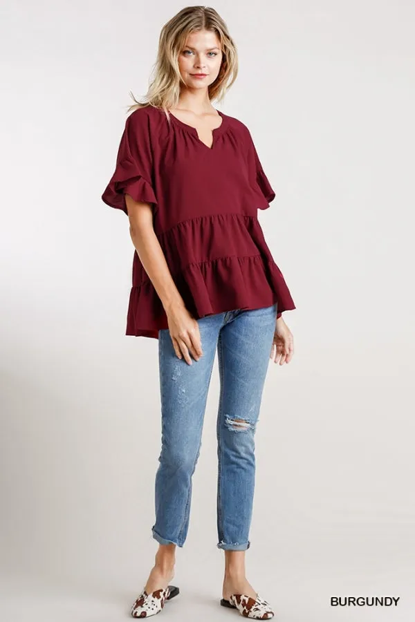 Mandarin Tiered Ruffle Top, Burgundy