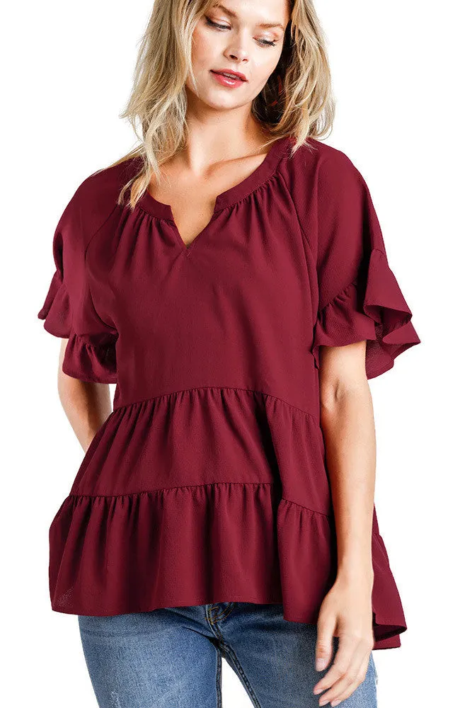 Mandarin Tiered Ruffle Top, Burgundy