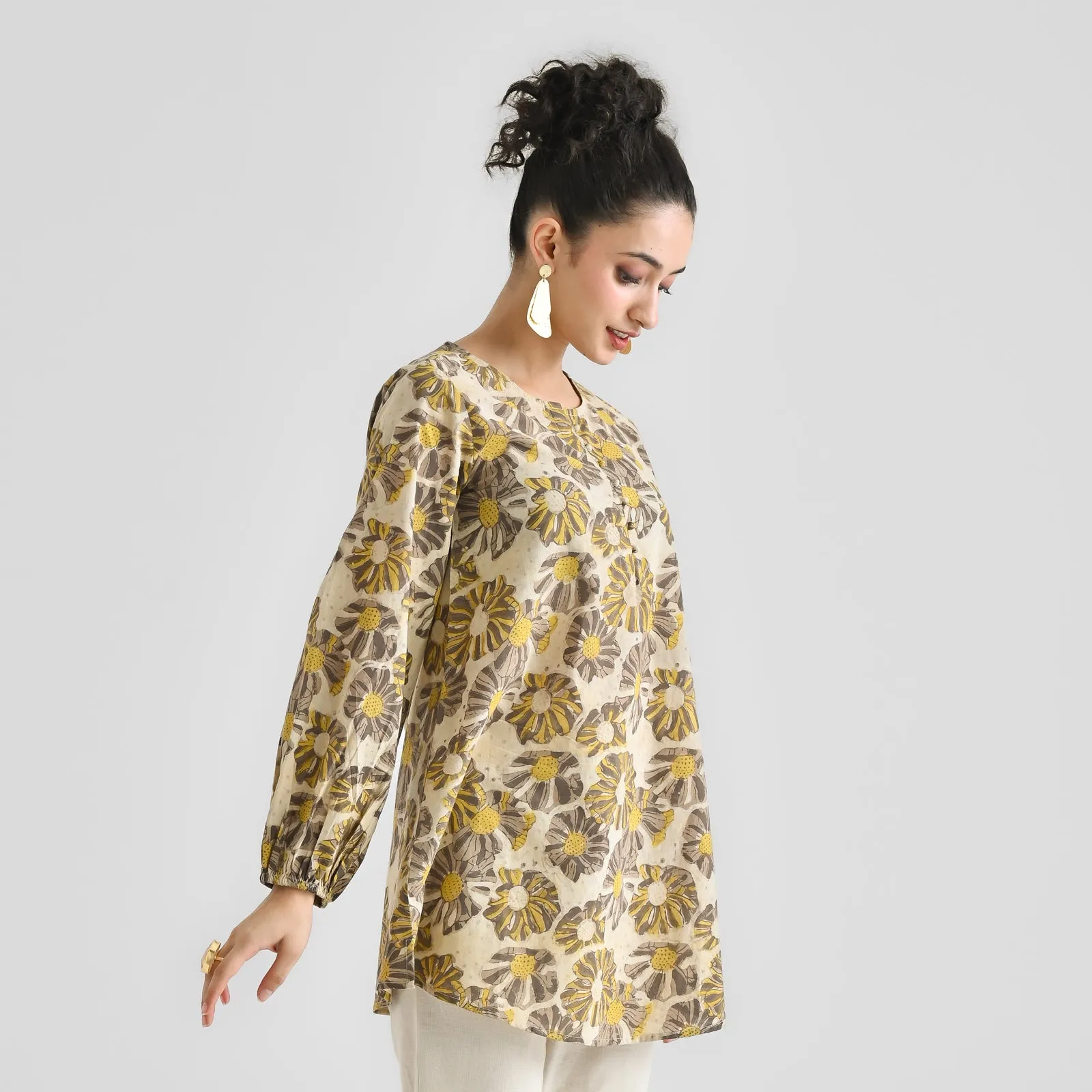 Mango Yellow Contemporary Dabu Printed Cotton Tunic with Elastic Sleeve Detail