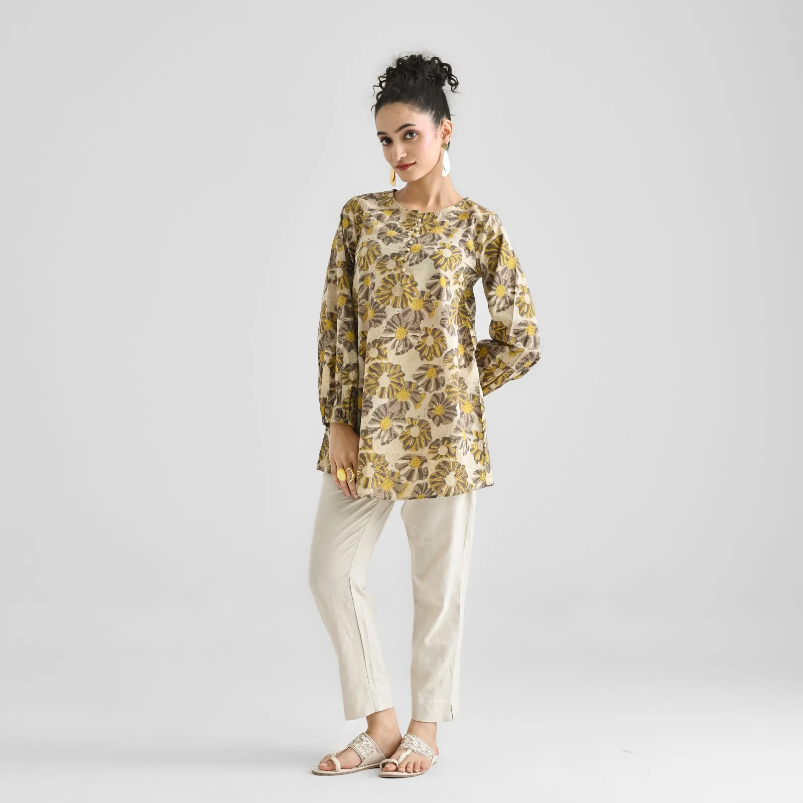 Mango Yellow Contemporary Dabu Printed Cotton Tunic with Elastic Sleeve Detail