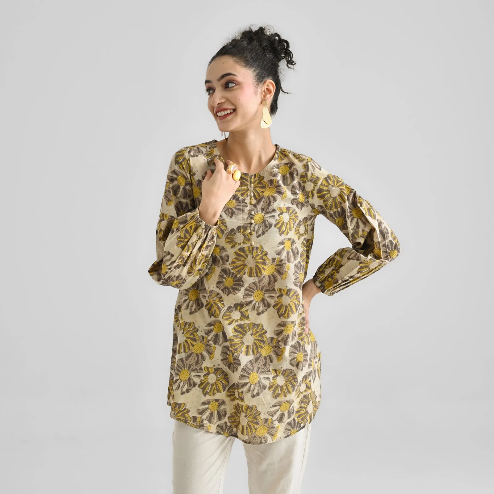 Mango Yellow Contemporary Dabu Printed Cotton Tunic with Elastic Sleeve Detail