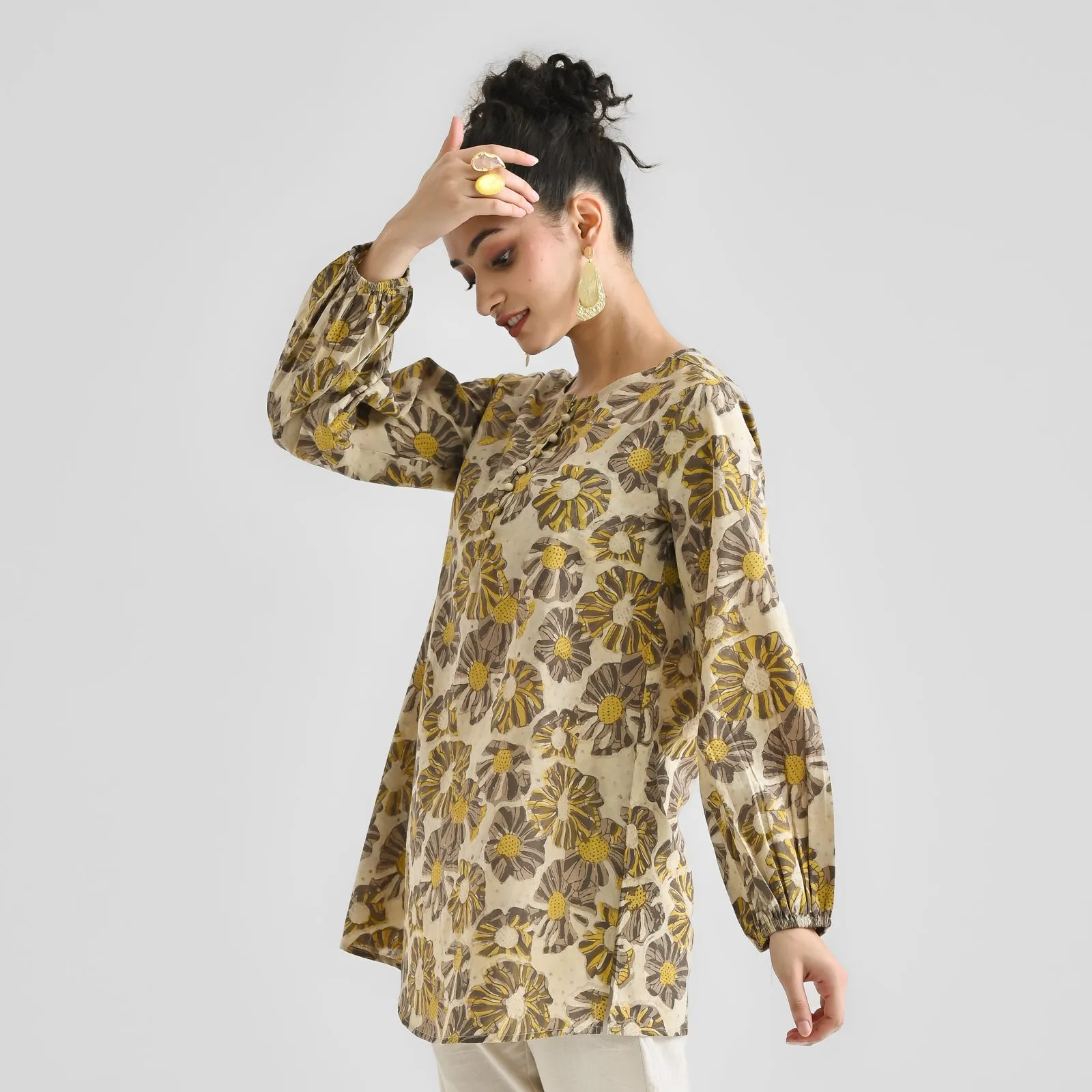 Mango Yellow Contemporary Dabu Printed Cotton Tunic with Elastic Sleeve Detail