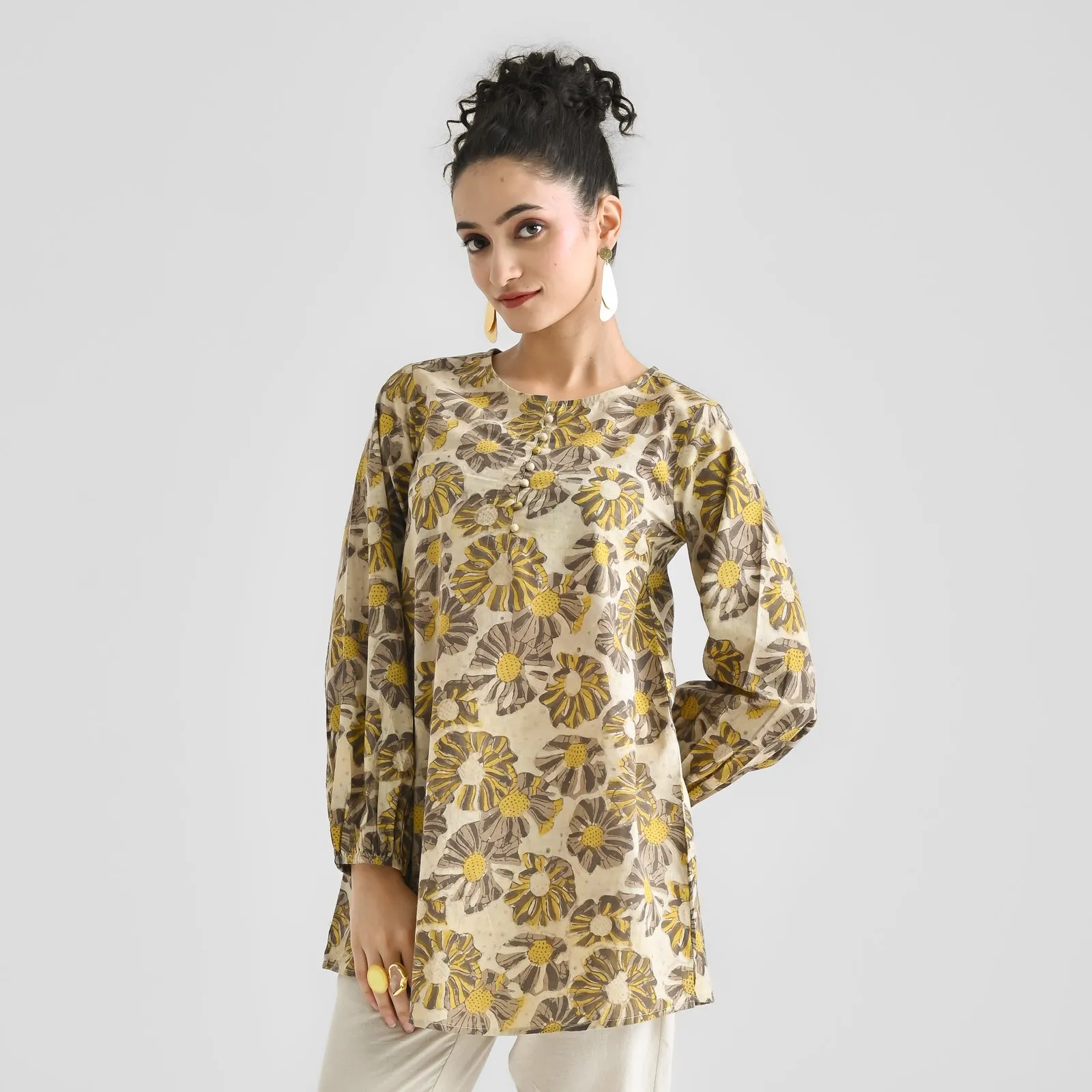 Mango Yellow Contemporary Dabu Printed Cotton Tunic with Elastic Sleeve Detail