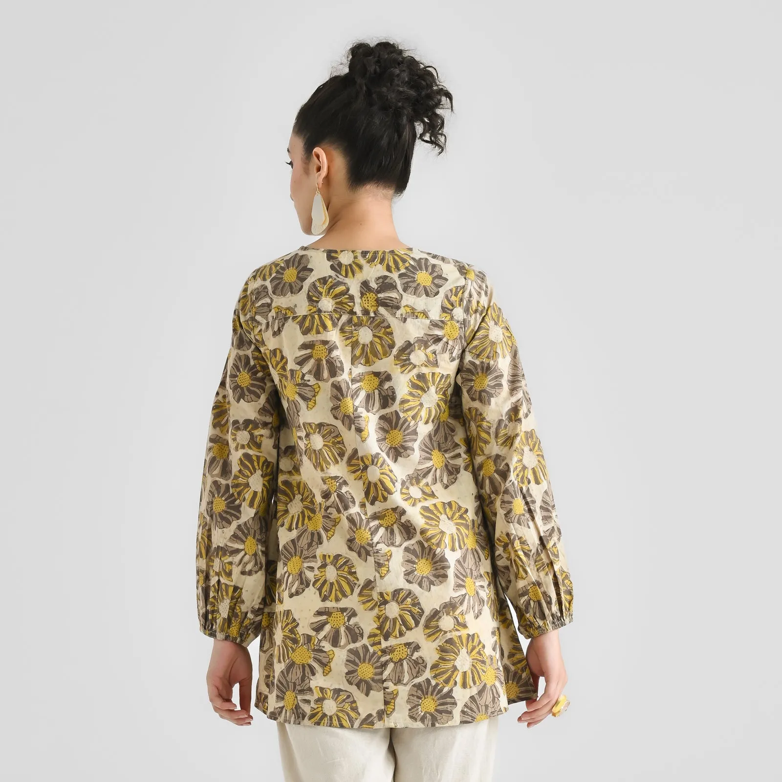 Mango Yellow Contemporary Dabu Printed Cotton Tunic with Elastic Sleeve Detail