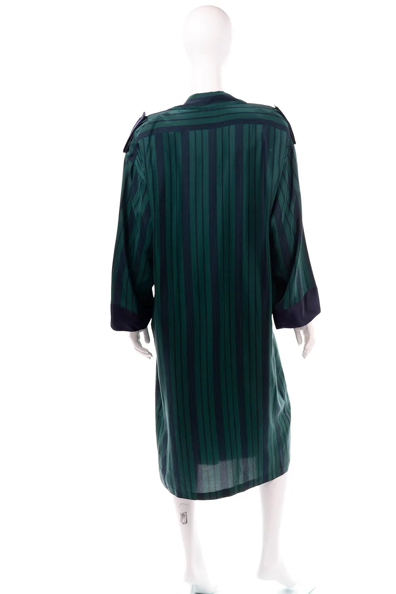 Marika Blu Italian Green and Navy Stripe Silk Relaxed Robe Style Dress