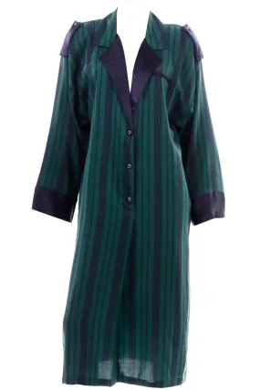 Marika Blu Italian Green and Navy Stripe Silk Relaxed Robe Style Dress