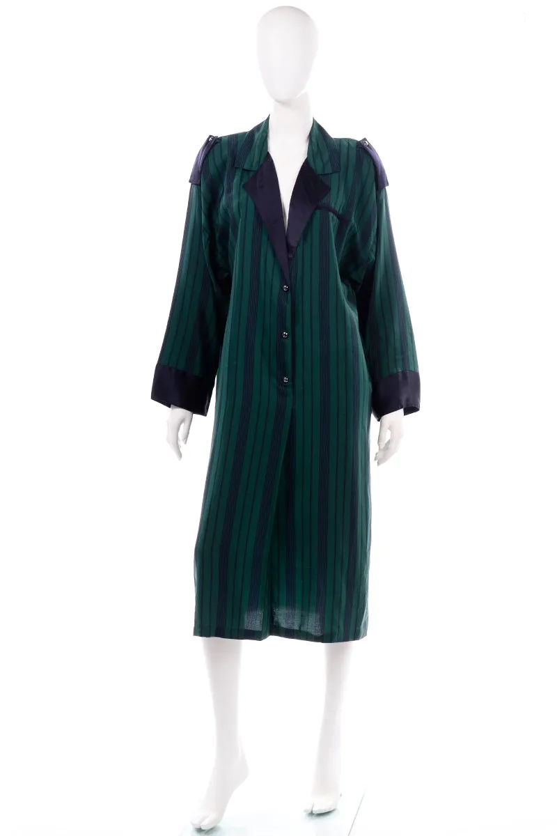 Marika Blu Italian Green and Navy Stripe Silk Relaxed Robe Style Dress