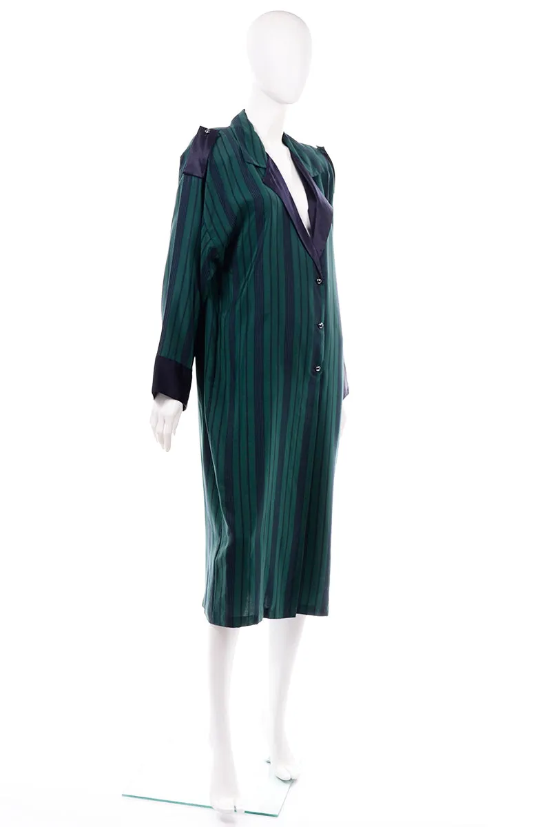 Marika Blu Italian Green and Navy Stripe Silk Relaxed Robe Style Dress